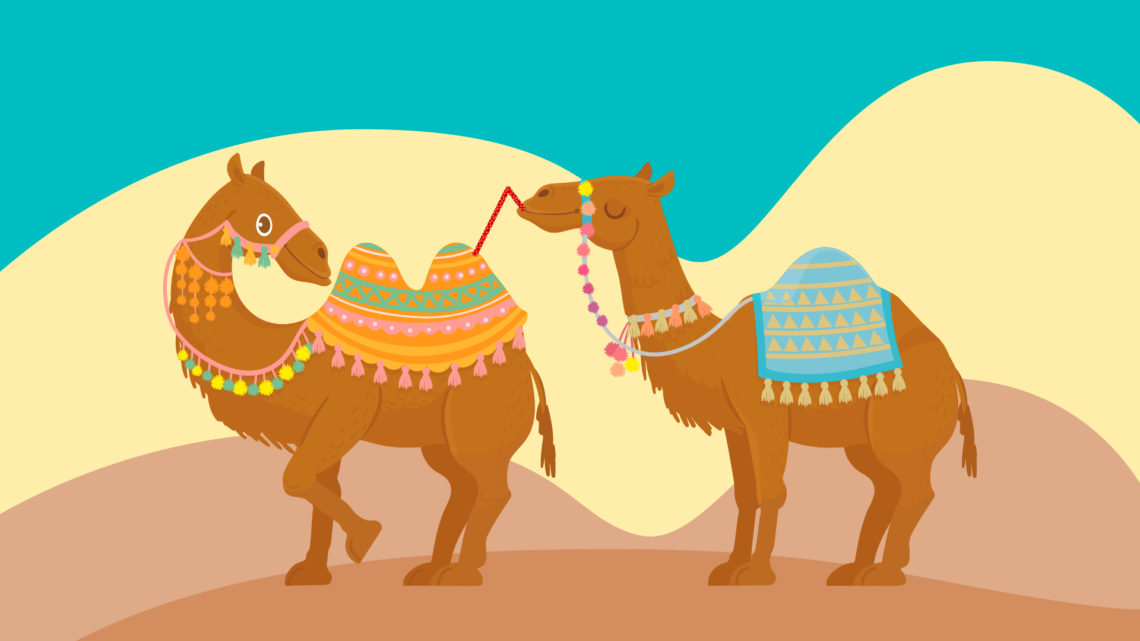 Illustrazione: un cammello (con due gobbe) davanti a un dromedario (con una sola gobba) che si abbevera dalla seconda gobba del primo attraverso una cannuccia; entrambi hanno un'espressione soddisfatta.