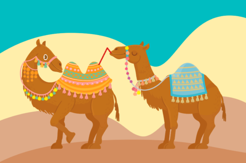 Illustrazione: un cammello (con due gobbe) davanti a un dromedario (con una sola gobba) che si abbevera dalla seconda gobba del primo attraverso una cannuccia; entrambi hanno un'espressione soddisfatta.