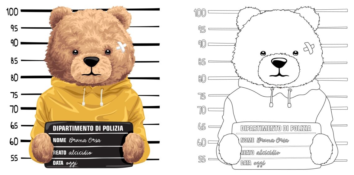Illustrazione raffigurante una foto segnaletica di un’orsacchiotta di peluche in arresto