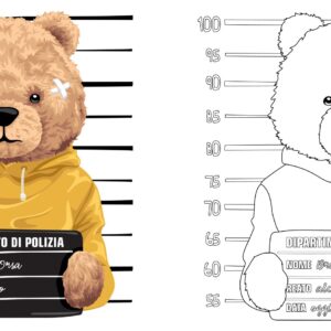 Illustrazione raffigurante una foto segnaletica di un’orsacchiotta di peluche in arresto