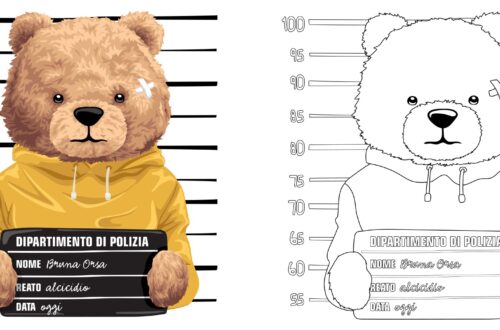 Illustrazione raffigurante una foto segnaletica di un’orsacchiotta di peluche in arresto
