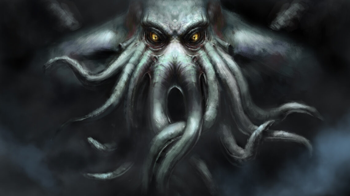 Una illustrazione che ritrae un mostro con le fattezze di Cthulhu.