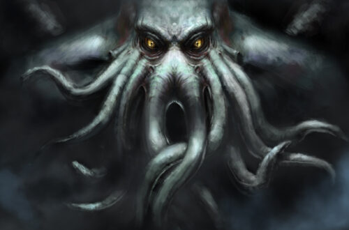 Una illustrazione che ritrae un mostro con le fattezze di Cthulhu.
