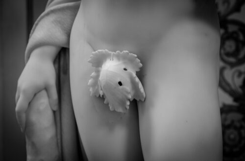 Close-up of a classic naked female statue with her pubis covered with a leaf.