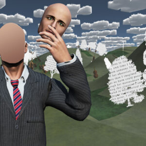 Illustrazione fatta in computer graphics con un uomo in doppiopetto, camicia bianca e cravatta che regge nella mano sinistra la propria faccia, mentre la sua testa rimane senza volto. E' in piedi in un paesaggio virtuale collinare, verde, con alberelli stilizzati bianchi ricoperti di citazioni. Sullo sfondo, sopra l'orizzonte del paesaggio, c'è un cielo blu e azzurro con molte nuvole rappresentate a cubetti.