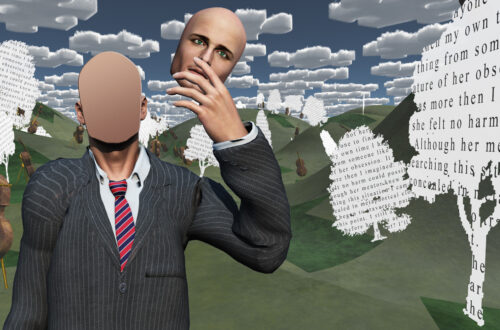 Illustrazione fatta in computer graphics con un uomo in doppiopetto, camicia bianca e cravatta che regge nella mano sinistra la propria faccia, mentre la sua testa rimane senza volto. E' in piedi in un paesaggio virtuale collinare, verde, con alberelli stilizzati bianchi ricoperti di citazioni. Sullo sfondo, sopra l'orizzonte del paesaggio, c'è un cielo blu e azzurro con molte nuvole rappresentate a cubetti.