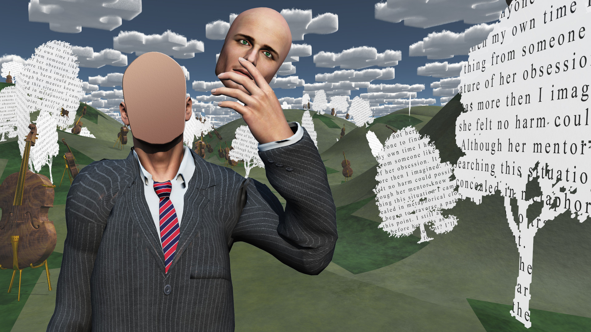 Illustrazione fatta in computer graphics con un uomo in doppiopetto, camicia bianca e cravatta che regge nella mano sinistra la propria faccia, mentre la sua testa rimane senza volto. E' in piedi in un paesaggio virtuale collinare, verde, con alberelli stilizzati bianchi ricoperti di citazioni. Sullo sfondo, sopra l'orizzonte del paesaggio, c'è un cielo blu e azzurro con molte nuvole rappresentate a cubetti.