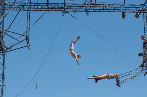 Fotografia che ritrae due trapezisti. Il primo, a sinistra nell'inquadratura, è saltato dal suo trapezio ed è in volo nell'aria con le braccia tese in avanti a cercare la presa del secondo, che a sua volta tende le braccia, appeso a testa in giù con le gambe al suo trapezio. I due sono distanti circa un metro e non si sa se riusciranno a prendersi l'un l'altro.