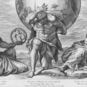 Una foto che ritrae una stampa di una illustrazione di Pietro Dell’aquila (1650-1692) raffigurante, al centro, Ercole, in ginocchio sulla gamba sinistra, con la destra portata in avanti e piegata, chino, mentre regge sulla schiena, tenendolo con le braccia (il braccio sinistro esteso dietro la schiena, il destro sopra la testa china) il globo terrestre. Alla sua sinistra c’è un uomo quasi sdraiato per terra, che sorregge col braccio destro un globo a maglie di legno; alla sua destra c’è un altro uomo, più anziano, anch’egli quasi sdraiato per terra, che regge col braccio sinistro una tavola da disegno su cui sta tracciando un cerchio con un compasso che regge con la mano destra.