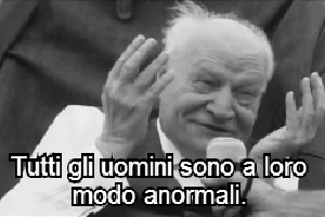 Una gif animata che ritrae Giuseppe Ungaretti mentre, intervistato da Pier Paolo Pasolini per il suo film-documentario “Comizi d’amore”, dice «Tutti gli uomini sono, a loro modo, anormali». L’audio è assente, trattandosi di una gif animata, ma è sostituito da un sottotitolo in lettering bianco con contorno nero.