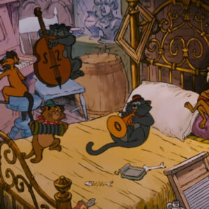 Un fotogramma dal film "Gli aristogatti" della Disney, che raffigura cinque gatti che si divertono a suonare diversi strumenti in un concerto improvvisato in una camera da letto molto piuttosto malandata.