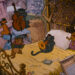Un fotogramma dal film "Gli aristogatti" della Disney, che raffigura cinque gatti che si divertono a suonare diversi strumenti in un concerto improvvisato in una camera da letto molto piuttosto malandata.