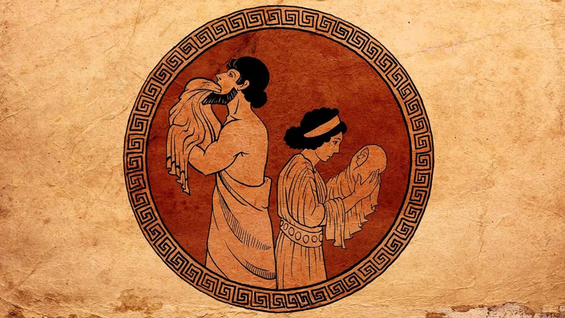 Un affresco a muro, apparentemente moderno, che ritrae una scena dal mito di Crono e Rea: Crono, ingannato da Rea, mangia un fagotto vuoto che dovrebbe contenere Zeus infante, mentre Rea si allontana reggendo tra le braccia il fagotto con il vero Zeus, salvandolo.