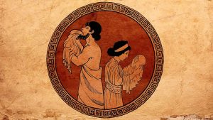 Un affresco a muro, apparentemente moderno, che ritrae una scena dal mito di Crono e Rea: Crono, ingannato da Rea, mangia un fagotto vuoto che dovrebbe contenere Zeus infante, mentre Rea si allontana reggendo tra le braccia il fagotto con il vero Zeus, salvandolo.