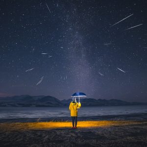 Una foto a colori, in formato 4:3, che ritrae una donna di spalle, in piedi in mezzo a una terra brulla, di notte, che regge un ombrello blu che le copre la testa e che proietta, come una abat jour, una luce calda e circolare su di lei e sul terreno intorno ai suoi piedi. Di fronte alla donna in piedi, all'orizzonte, ci sono delle cime di montagne innevate, e sopra quelle un cielo pieno di stelle dal centro del quale sfrecciano alcune meteore.