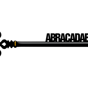 Illustrazione che raffigura una lunga chiave antica, stilizzata, che invece dei dentelli, alla fine dell'asta, ha la parola "ABRACADABRA".