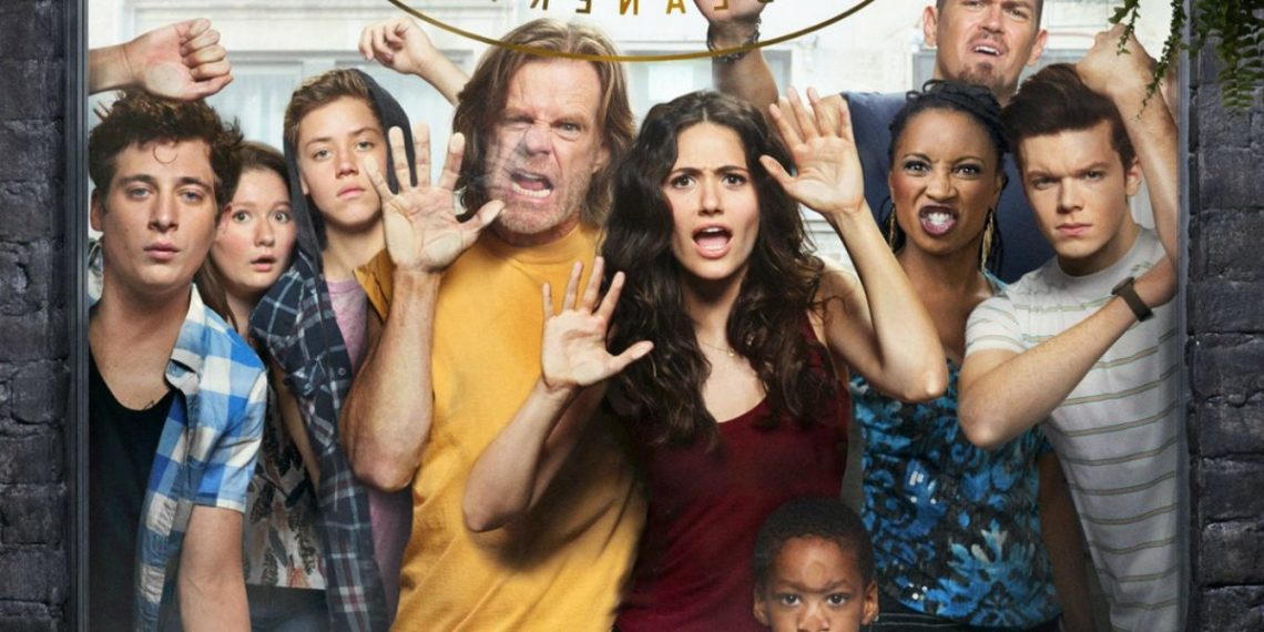 Un’immagine pubblicitaria della serie “Shameless”, con il cast prigioniero dietro un vetro forse infrangibile.