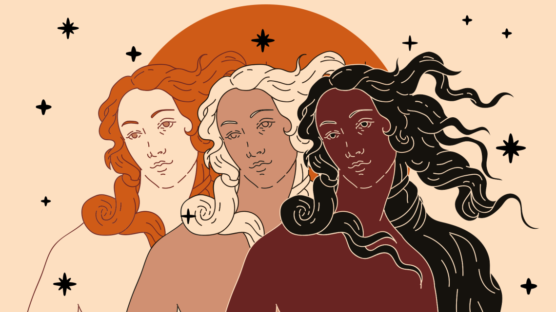 Un’illustrazione che riprende in forma stilizzata la dea Venere del quadro “Nascita di Venere” del Botticelli e ne affianca tre, con colori diversi: la prima ha la pelle bianca e i capelli arancioni, la seconda ha la pelle color ocra rosato e tenue e i capelli bianchi, la terza ha la pelle di un rosso mattone scuro e i capelli neri. Le tre Veneri sono in primo piano, intorno a loro ci sono delle stelle stilizzate, nere, e sullo sfondo, alle loro spalle, c’è un grande sole arancione.