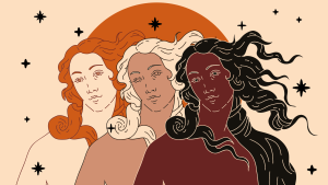 Un’illustrazione che riprende in forma stilizzata la dea Venere del quadro “Nascita di Venere” del Botticelli e ne affianca tre, con colori diversi: la prima ha la pelle bianca e i capelli arancioni, la seconda ha la pelle color ocra rosato e tenue e i capelli bianchi, la terza ha la pelle di un rosso mattone scuro e i capelli neri. Le tre Veneri sono in primo piano, intorno a loro ci sono delle stelle stilizzate, nere, e sullo sfondo, alle loro spalle, c’è un grande sole arancione.