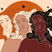 Un’illustrazione che riprende in forma stilizzata la dea Venere del quadro “Nascita di Venere” del Botticelli e ne affianca tre, con colori diversi: la prima ha la pelle bianca e i capelli arancioni, la seconda ha la pelle color ocra rosato e tenue e i capelli bianchi, la terza ha la pelle di un rosso mattone scuro e i capelli neri. Le tre Veneri sono in primo piano, intorno a loro ci sono delle stelle stilizzate, nere, e sullo sfondo, alle loro spalle, c’è un grande sole arancione.