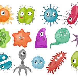 Un’illustrazione che raffigura, in modo molto stilizzato, tanti germi di tanti colori e forme diverse, ognuno con un numero variabile di occhi, bocche, denti, e con tante espressioni diverse, ma tutti un po’ mostruosi.