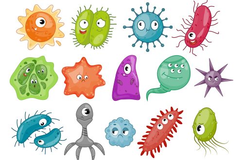 Un’illustrazione che raffigura, in modo molto stilizzato, tanti germi di tanti colori e forme diverse, ognuno con un numero variabile di occhi, bocche, denti, e con tante espressioni diverse, ma tutti un po’ mostruosi.