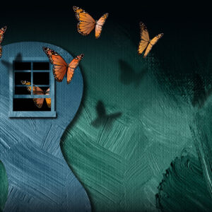 Un’illustrazione che raffigura, davanti a uno sfondo verde-azzurro, la sagoma azzurra di un profilo umano rivolto verso sinistra, con una finestra nella testa, leggermente aperta, da cui fuoriescono svolazzando sei farfalle arancioni, bianche e nere.