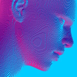 Un’illustrazione a due colori, rosa e azzurro, che raffigura una testa umana di profilo, col naso a destra e la nuca a sinistra, con un effetto grafico che la fa apparire come fosse composta da tanti strati di piccoli cubi, un po' come se fosse stata stampata da una stampante 3d.