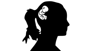 Un’illustrazione che raffigura una silhouette di busto femminile, nero su bianco, di profilo, con un bimbo in posizione fetale all’altezza della parte superiore e posteriore della testa.
