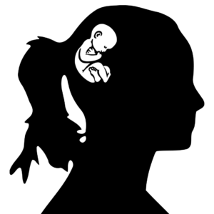 Un’illustrazione che raffigura una silhouette di busto femminile, nero su bianco, di profilo, con un bimbo in posizione fetale all’altezza della parte superiore e posteriore della testa.