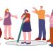 Un’illustrazione che raffigura una donna al centro di un gruppo di persone che sembrano tutte rivolgersi a lei, con diversi atteggiamenti. La donna sta tracciando per terra un cerchio intorno a sé.