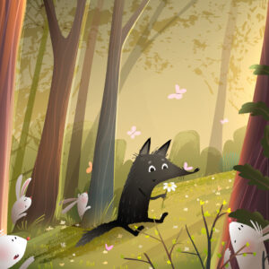 Illustrazione che raffigura un lupetto in mezzo a un bosco con una farfalla sul muso mentre guarda una margherita che ha in mano sorridendo; nascosti dietro gli alberi intorno a lui ci sono tanti coniglietti bianchi e rosa che lo guardano con stupore.