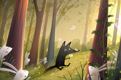 Illustrazione che raffigura un lupetto in mezzo a un bosco con una farfalla sul muso mentre guarda una margherita che ha in mano sorridendo; nascosti dietro gli alberi intorno a lui ci sono tanti coniglietti bianchi e rosa che lo guardano con stupore.