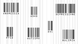 Un’illustrazione che raffigura sette codici a barre neri sparsi su uno sfondo bianco con un ottavo codice a barre grigio chiarissimo. Sotto ogni codice a barre nero c’è una scritta, fatta con un carattere a spaziatura fissa di quelli facilmente leggibili dalle macchine, con il nome o la sigla di sette patologie: anoressia, ADHD, depressione, ptsd, autismo, DOC, bulimia.