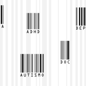 Un’illustrazione che raffigura sette codici a barre neri sparsi su uno sfondo bianco con un ottavo codice a barre grigio chiarissimo. Sotto ogni codice a barre nero c’è una scritta, fatta con un carattere a spaziatura fissa di quelli facilmente leggibili dalle macchine, con il nome o la sigla di sette patologie: anoressia, ADHD, depressione, ptsd, autismo, DOC, bulimia.