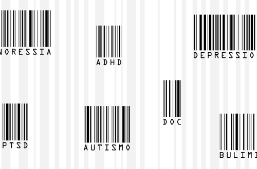 Un’illustrazione che raffigura sette codici a barre neri sparsi su uno sfondo bianco con un ottavo codice a barre grigio chiarissimo. Sotto ogni codice a barre nero c’è una scritta, fatta con un carattere a spaziatura fissa di quelli facilmente leggibili dalle macchine, con il nome o la sigla di sette patologie: anoressia, ADHD, depressione, ptsd, autismo, DOC, bulimia.