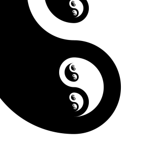 Un'illustrazione di Pietro Della Mea, in bianco e nero, che raffigura un Tao, antico simbolo cinese, in cui entrambi i cerchi sono altri Tao con altri cerchi che contengono altri Tao con altri cerchi che contengono altri Tao, ecc.