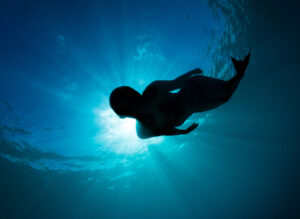 Una foto a colori, in formato orizzontale, che ritrae, sott'acqua, la silhouette nera di una sirena (una donna con le gambe fasciate in un costume che simula la coda di una sirena) davanti al sole che la illumina da dietro e da sopra la superficie dell'acqua.