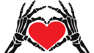 Un'illustrazione che raffigura due mani di uno scheletro, nere, accostate, coi pollici e gli indici nel segno del cuore, circondandone uno rosso grosso.