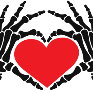 Un'illustrazione che raffigura due mani di uno scheletro, nere, accostate, coi pollici e gli indici nel segno del cuore, circondandone uno rosso grosso.