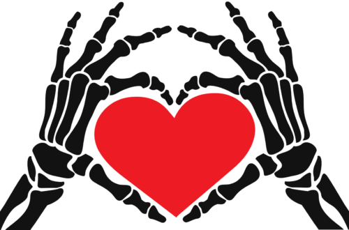 Un'illustrazione che raffigura due mani di uno scheletro, nere, accostate, coi pollici e gli indici nel segno del cuore, circondandone uno rosso grosso.