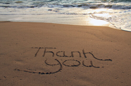 Una foto a colori, in formato orizzontale, che ritrae una scritta "Thank you" tracciata con un dito nella sabbia della battigia su una spiaggia davanti al mare.
