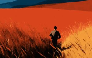 Dettaglio di un'illustrazione che raffigura un uomo di spalle che corre attraverso un campo di grano molto alto, arancione e giallo, all'alba o al tramonto, verso le montagne blu che si ergono lontane all'orizzonte davanti a un cielo azzurro scuro.