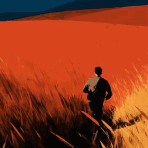 Dettaglio di un'illustrazione che raffigura un uomo di spalle che corre attraverso un campo di grano molto alto, arancione e giallo, all'alba o al tramonto, verso le montagne blu che si ergono lontane all'orizzonte davanti a un cielo azzurro scuro.