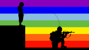 Un’illustrazione: sullo sfondo c’è una bandiera della pace a strisce orizzontali (dall’alto: viola, blu, azzurro, verde, giallo, arancione, rosso); davanti alla bandiera ci sono le silhouette nere di un bambino in piedi sopra un muricciolo alto più o meno quanto lui, di profilo, rivolto verso destra, che fa pipì sul casco di un soldato inginocchiato in posizione di sparo sotto il muricciolo, alla sua destra, anch’egli di profilo, mentre sta cercando di prendere la mira con un mitra puntandolo verso destra.