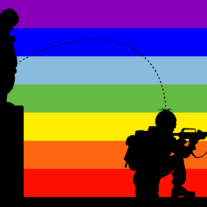 Un’illustrazione: sullo sfondo c’è una bandiera della pace a strisce orizzontali (dall’alto: viola, blu, azzurro, verde, giallo, arancione, rosso); davanti alla bandiera ci sono le silhouette nere di un bambino in piedi sopra un muricciolo alto più o meno quanto lui, di profilo, rivolto verso destra, che fa pipì sul casco di un soldato inginocchiato in posizione di sparo sotto il muricciolo, alla sua destra, anch’egli di profilo, mentre sta cercando di prendere la mira con un mitra puntandolo verso destra.