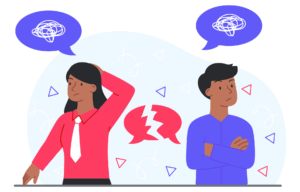 Un'illustrazione che reffigura una donna e un uomo affiancatə, la donna a sinistra e l'uomo a destra, che guardano entrambə dalla parte opposta rispetto all'altro. La donna ha un'espressione un po' arrabbiata e perplessa, il braccio sinistro alzato con la mano appoggiata dietro la testa, una camicetta rosa e una cravatta bianca, un fumetto sopra la testa con un groviglio di linee curve all'interno; l'uomo ha un'espressione arrabbiata, una camicetta blu, e anche sopra la sua testa c'è un fumetto con un groviglio di linee curve all'interno. Al centro, tra ə due, c'è un altro fumetto che viene dalla pancia di entrambi ed è spezzato a metà.