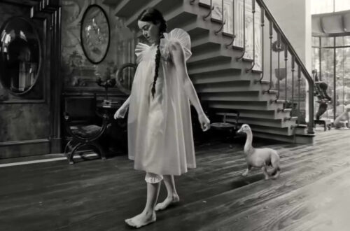 Un fotogramma dal film "Povere creature", di Yorgos Lathimos. La ragazza protagonista, in vestaglia, cammina a piedi scalzi su un parquet all'interno di una grande casa, seguita a pochi metri da uno strano essere con quattro zampe che sbucano da un tronco orizzontale (potrebbe essere il corpo di un cane glabro), e un lungo, flessuoso collo bianco con testa e becco giallo da papera.