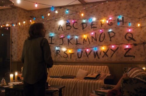 Un fotogramma dalla serie "Stranger Things". Sulla parete di fondo di un salotto illuminato da luci natalizie sono tracciate in serie tutte le lettere dell'alfabeto, sormontate ciascuna da una lucina natalizia. Al centro della stanza c'è una donna in piedi, di schiena, di profilo, con la testa girata verso destra e un' espressione spaventata sul volto.