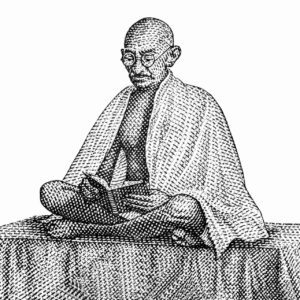 Un’illustrazione in bianco e nero che raffigura il “Mahatma” Gandhi mentre legge un libro aperto tra le mani poggiate sulle ginocchia, seduto nella posizione del loto, a gambe incrociate, con il busto e le spalle coperte da un mantello, sopra un supporto dalla forma di parallelepipedo, ricoperto da un telo. È il ritratto che campeggiava sulle banconote da 10 rupie coniate dall’India nel 1969.